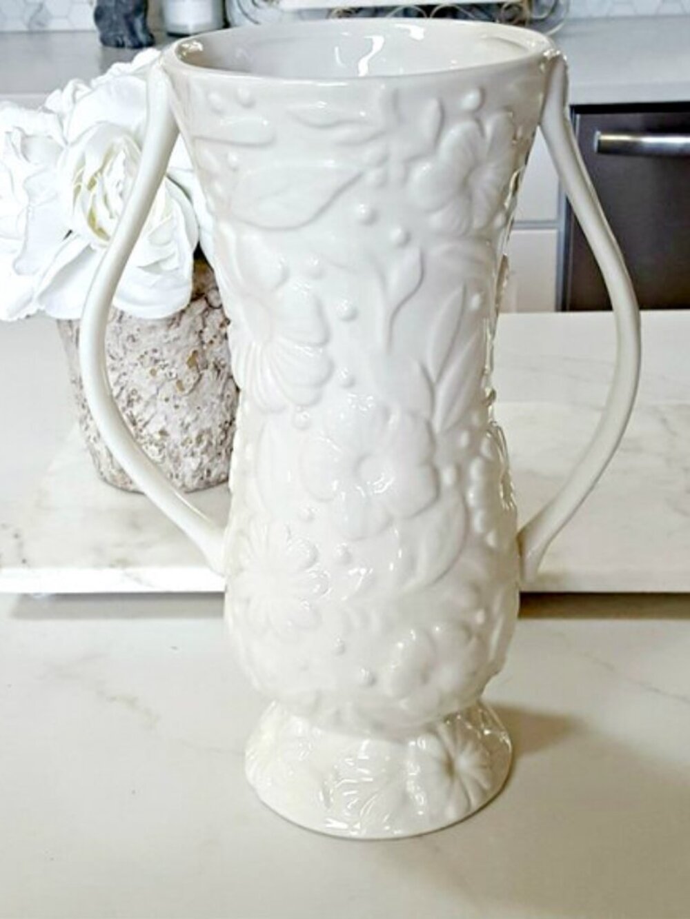NEW! EXQUISITE White HANDLED 12" TALL VASE